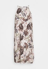 Kwiatowa sukienka maxi z dekoltem halter, zdobiona ciemno-brązowymi, zielonymi i różowymi tropikalnymi liśćmi na kremowym tle. Lekki materiał.