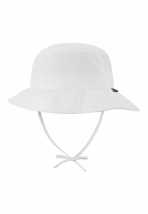 Biały bucket hat z szerokim rondem i regulowanymi paskami na brodę, zawiązanymi z przodu na kokardę.