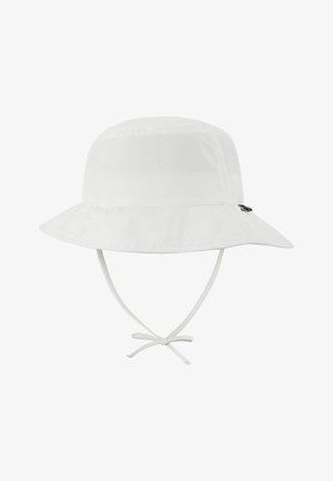 Biały bucket hat z szerokim rondem i regulowanymi paskami na brodę, zawiązanymi z przodu na kokardę.