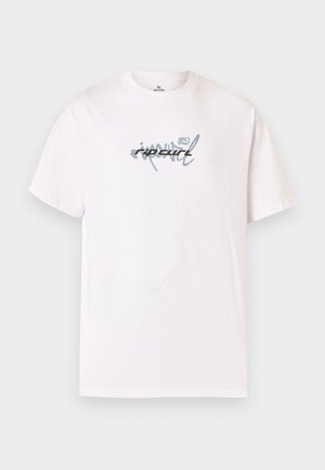 Fehér rövid ujjú póló világoskék, stilizált betűkkel "rip curl" felirattal a mellkasnál.