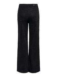 Jean noir à jambes larges vu de dos, avec deux poches arrière et des passants pour ceinture à la taille.