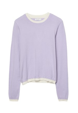 Maglione lilla con scollo rotondo, polsini e orlo a costine bianchi a contrasto, morbido al tatto, vestibilità rilassata e maniche lunghe.