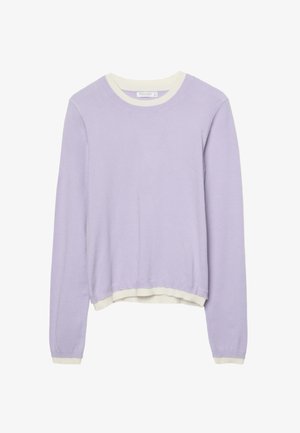 Maglione lilla con scollo rotondo, polsini e orlo a costine bianchi a contrasto, morbido al tatto, vestibilità rilassata e maniche lunghe.