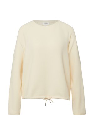 Kremowa bluza z długim rękawem, okrągłym dekoltem i ściągaczem ze sznurkiem, przedstawiona na białym tle.