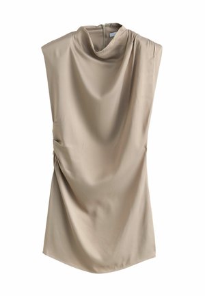 Beige sleeveless top with a cowl neckline and gathered side detail, made from smooth, lightweight fabric. Back zipper closure.