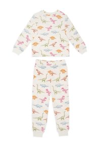 Pitkähihaisista pyjamapuvusta, jonka taustaväri on kerma, erottuvat värikkäät dinosauruskuvat vaaleanpunaisina, vihreinä, oransseina ja sinisinä. Housuissa on joustovyötärö.