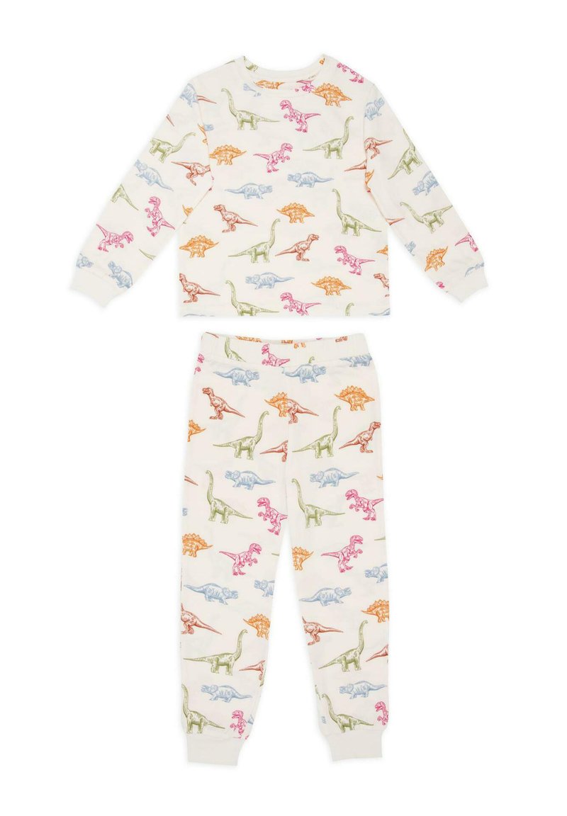 Pitkähihaisista pyjamapuvusta, jonka taustaväri on kerma, erottuvat värikkäät dinosauruskuvat vaaleanpunaisina, vihreinä, oransseina ja sinisinä. Housuissa on joustovyötärö.