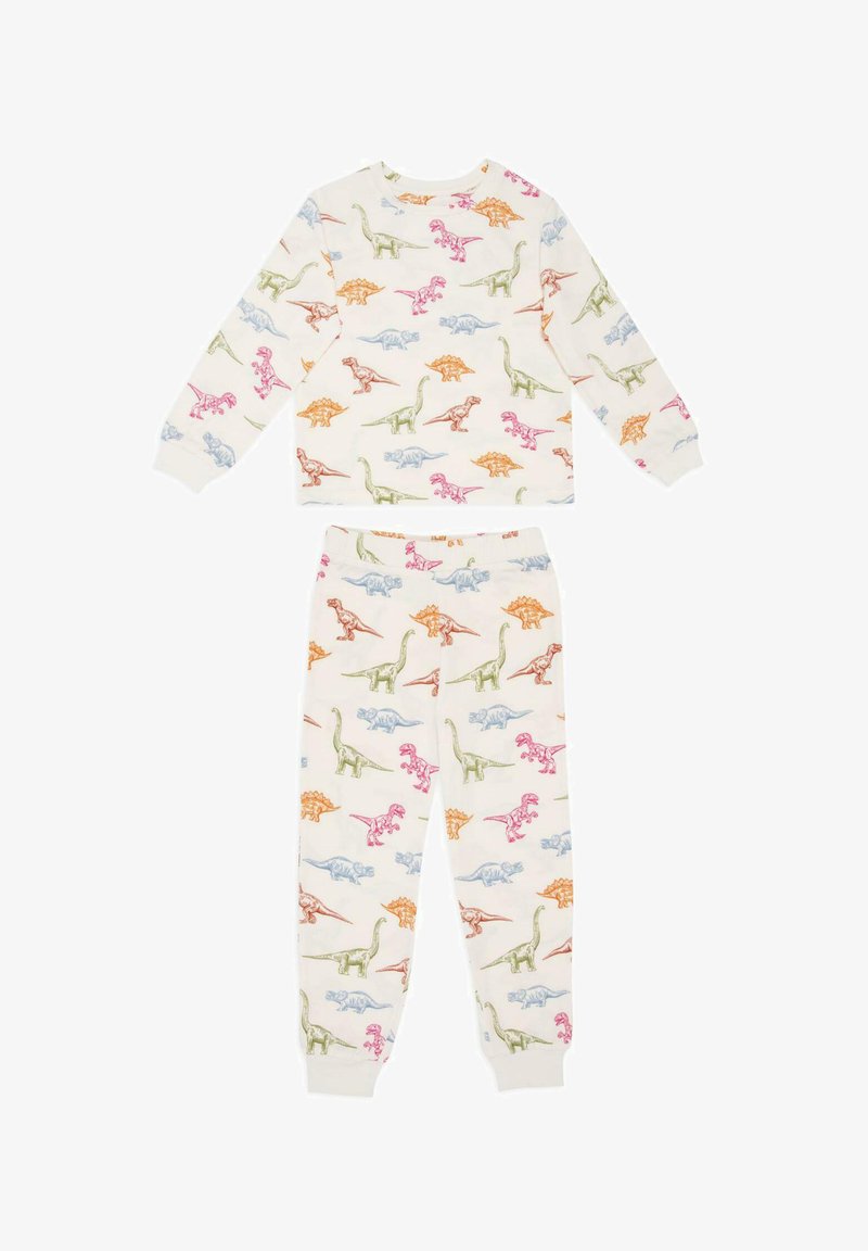 Pyjama set met lange mouwen met een crèmekleurige achtergrond en kleurrijke dinosaurustafereeltjes in roze, groen, oranje en blauw. Elastische tailleband op de broek.