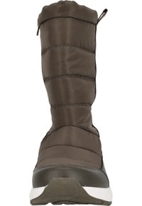 Brun isolerad vinterkänga med kviltat tygövre, gummisula och sidodetalj med dragkedja. Har texturerat läder och vadderad skaft.