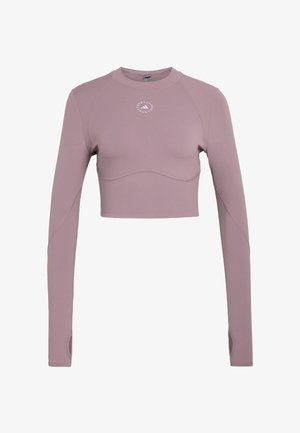 Mauve long-sleeve crop top with round neckline, thumb holes, and small white circular logo at center chest.