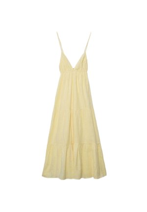 Robe maxi jaune clair sans manches avec fines bretelles spaghetti, décolleté en V profond et jupe à étages froncée.