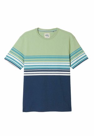 Kurzärmeliges T-Shirt mit Rundhalsausschnitt, hellgrünem Oberteil, dunkelblauem Unterteil und horizontalen Streifen in Grün, Weiß und Blau über Brust und Ärmeln.