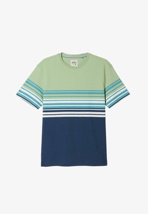 Kurzärmeliges T-Shirt mit Rundhalsausschnitt, hellgrünem Oberteil, dunkelblauem Unterteil und horizontalen Streifen in Grün, Weiß und Blau über Brust und Ärmeln.