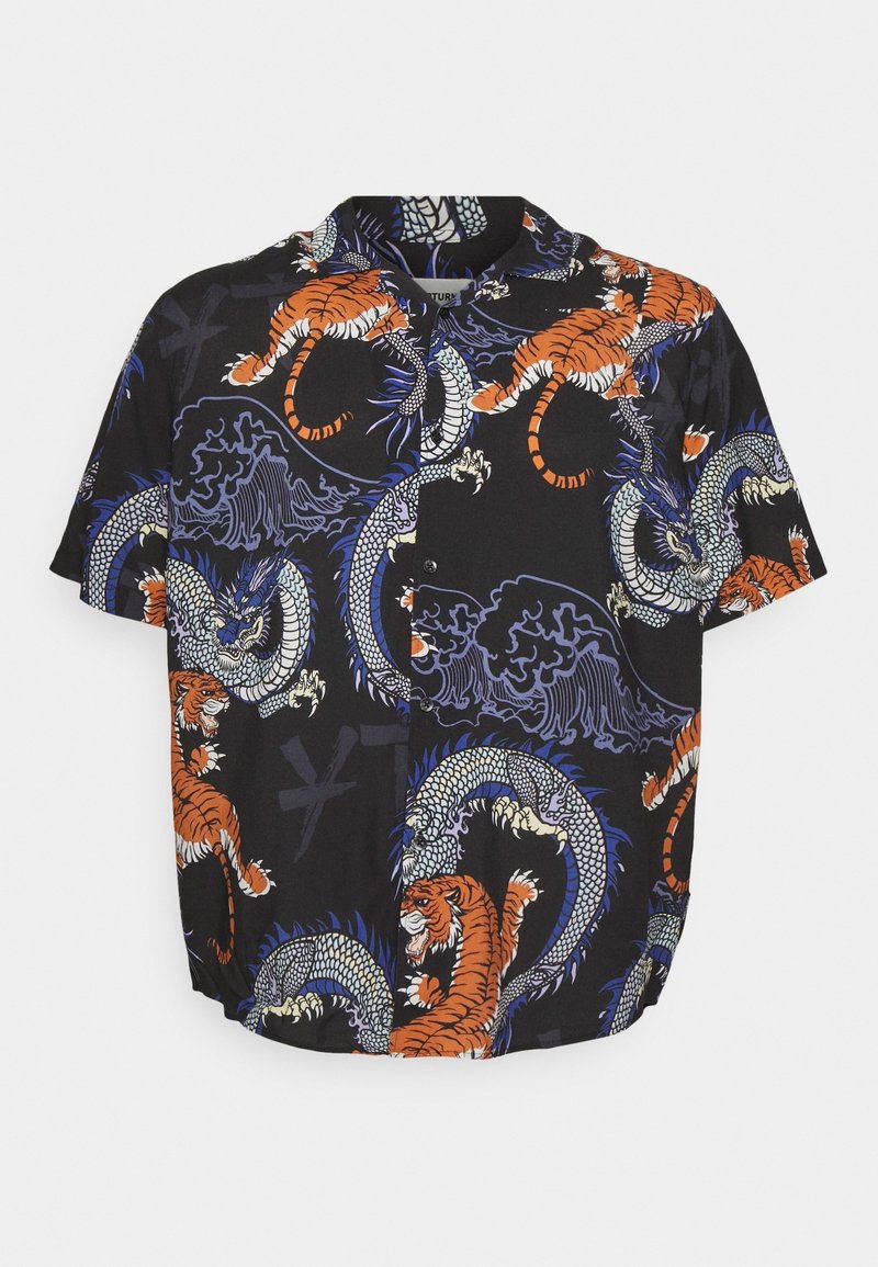 Sort kortærmet skjorte med knaplukning, prydet med mønstre af blå drage og orange tiger, der er sammenflettet med bølgedesigns.