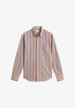 Herenoverhemd met lange mouwen en verticale strepen in blauw, rood, geel en wit, voorzien van een borstzak en kraag.