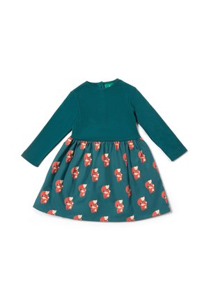 Langärmliges Kinderkleid in Türkis mit Fuchsmotiv auf dem gerafften Rockteil und einfarbigem Oberteil.