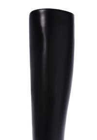 Black high-heeled boot made of smooth leather, featuring a sleek design, tall shaft, rounded top, and minimalistic style with no visible accents.