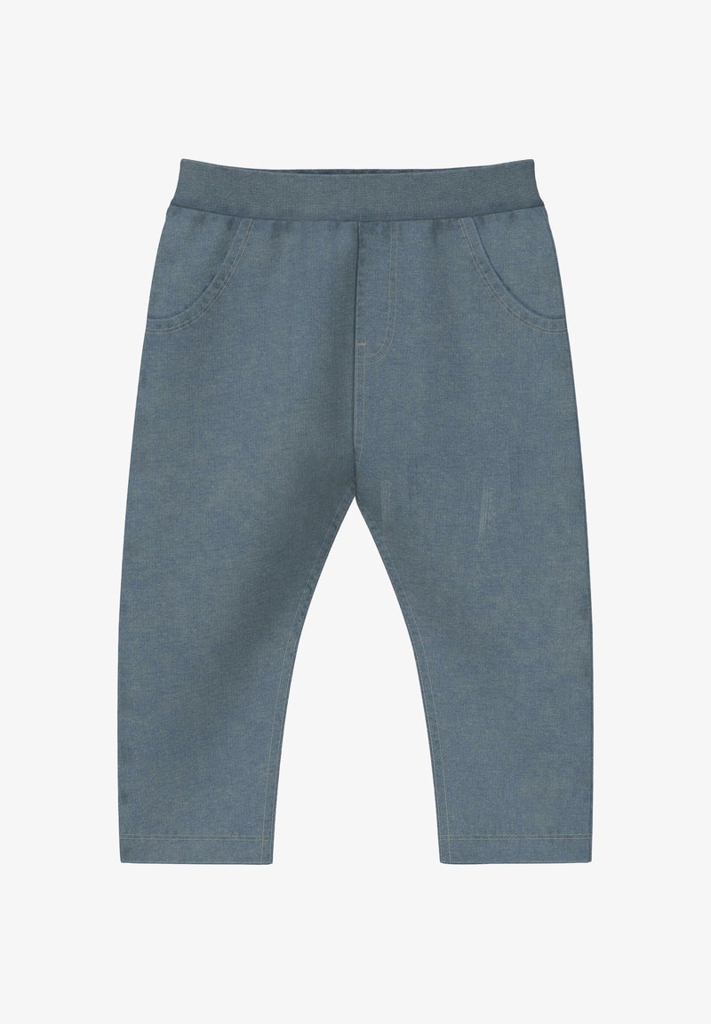 Pantalon bleu-gris pour tout-petit avec taille élastique et deux poches avant, fabriqué en tissu doux, présenté sur un fond blanc.
