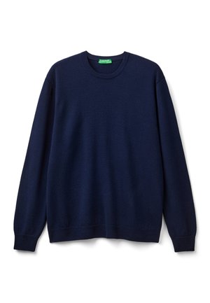 Kraftblauer Rundhalspullover aus weichem Stoff, mit langen Ärmeln und gerippten Bündchen sowie Saum, in einem glatten, strukturierten Finish.