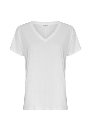 Wit T-shirt met korte mouwen en V-hals in een losse pasvorm, afgebeeld op een effen witte achtergrond.