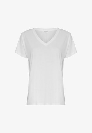T-shirt bianca a maniche corte con scollo a V e vestibilità comoda, mostrata su uno sfondo bianco uniforme.