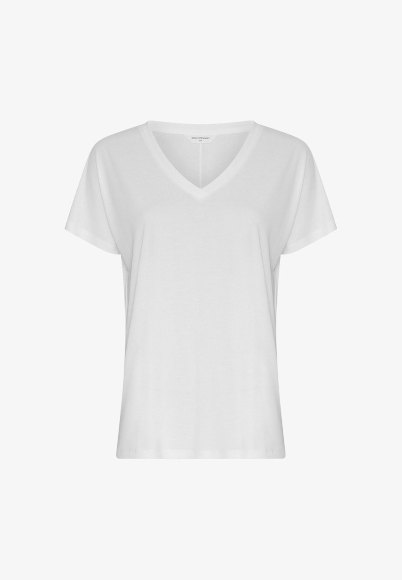 Λευκό κοντομάνικο T-shirt με V-λαιμόκοψη και άνετη εφαρμογή, απεικονίζεται σε απλό λευκό φόντο.