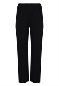 Zwarte, geribbelde broek met elastische tailleband en een ontspannen pasvorm, eindigend halverwege de kuit. Gemaakt van zacht materiaal voor comfort en flexibiliteit.