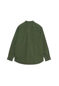 Groene blouse met lange mouwen, voorzien van verticale zwarte strepen, een button-down kraag en manchetten. Gladde stof met een rugplooidetail.