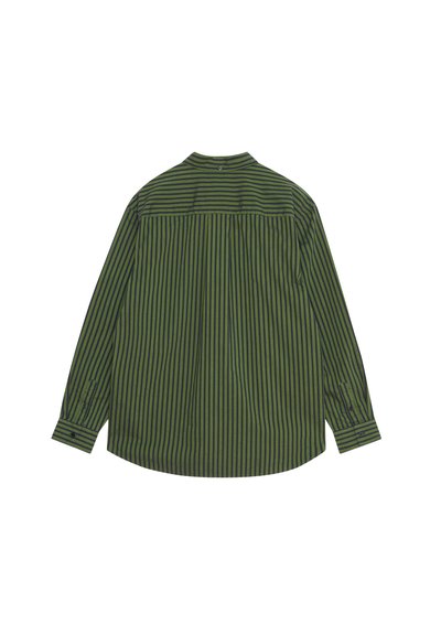 Green long-sleeve shirt featuring vertical black stripes, button-down collar, and cuffed sleeves. Smooth fabric with back pleat detail.