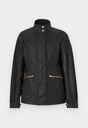 Black lightweight jacket with high collar, gold snap buttons, and gold zipper pockets, displayed on a plain background.