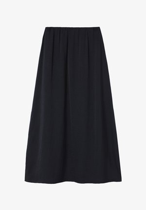 Black, knee-length skirt with a gathered, elastic waistband and a smooth, textured fabric that drapes loosely. No visible patterns or embellishments.