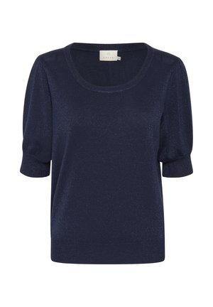 Tumši zils īsu piedurkņu džemperis, kas izgatavots no teksturēta, spīdīga auduma, ar noapaļotu kakla izgriezumu un elastīgām piedurknēm.