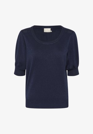 Tumši zils īsu piedurkņu džemperis, kas izgatavots no teksturēta, spīdīga auduma, ar noapaļotu kakla izgriezumu un elastīgām piedurknēm.