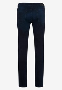 Dark blue slim-fit jeans shown from the back with two rear pockets and a waistband with belt loops.