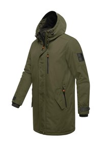 Olive green parka with a textured finish, zippered pockets, drawstring hood, and black accent patch on the sleeve. Includes elastic cuffs.