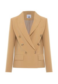 Beige dvouřadý blejzr z hladké tkaniny. Obsahuje zlaté knoflíky, ostré klopy a dvě přední kapsy. Střih s přiléhavým pasem.