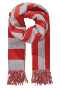 Écharpe en laine douce avec de larges rayures horizontales rouges et grises, extrémités à franges, pliée en boucle.