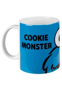 Tazza in ceramica bianca con superficie blu lucida, con il testo "COOKIE MONSTER" in grassetto nero e un'illustrazione del volto di un personaggio blu.