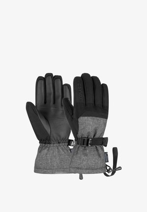 Schwarze Leder- und graue Stoffhandschuhe mit gerafftem Handgelenk, verstellbaren Riemen und strukturierten Akzenten im oberen Bereich.