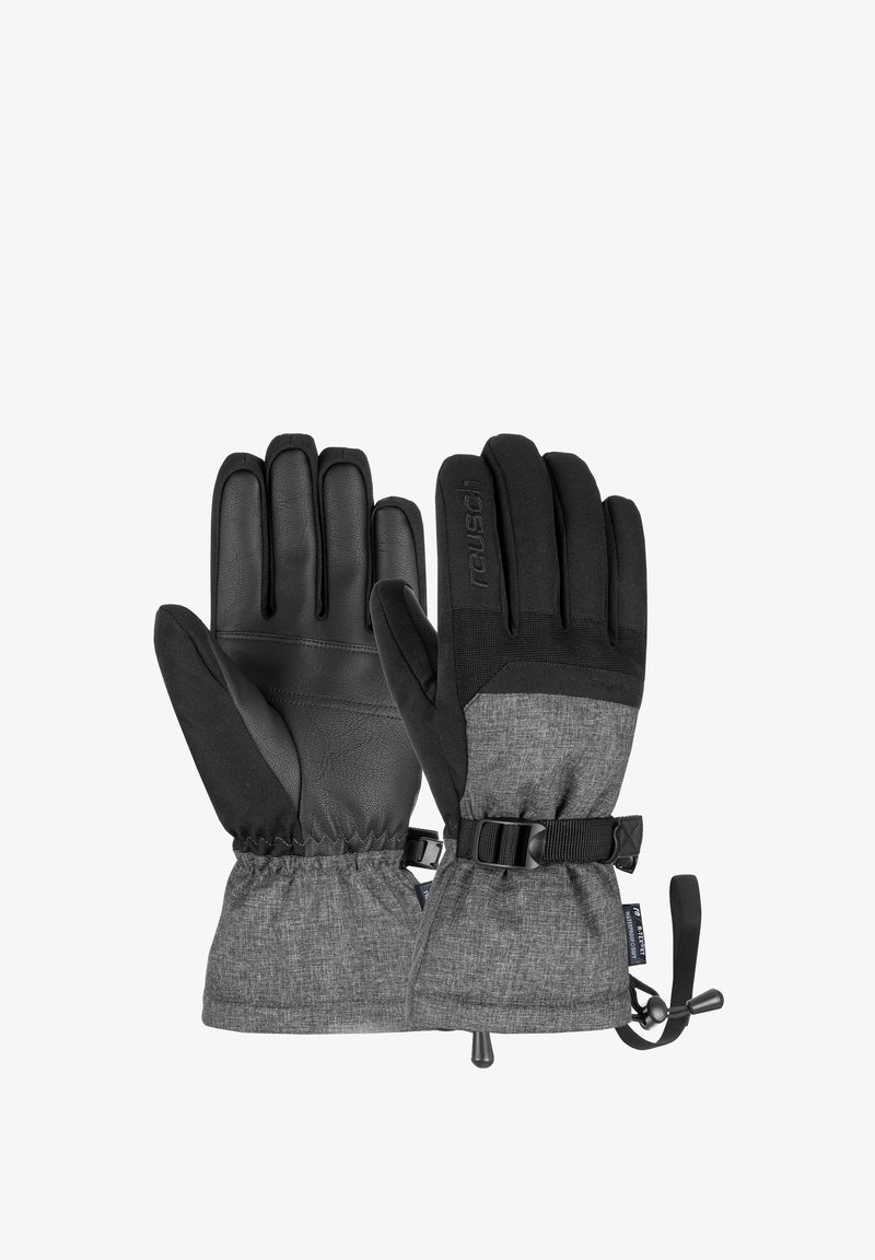 Black leather and gray fabric gloves with a cinched wrist, adjustable straps, and textural accents on the upper section.