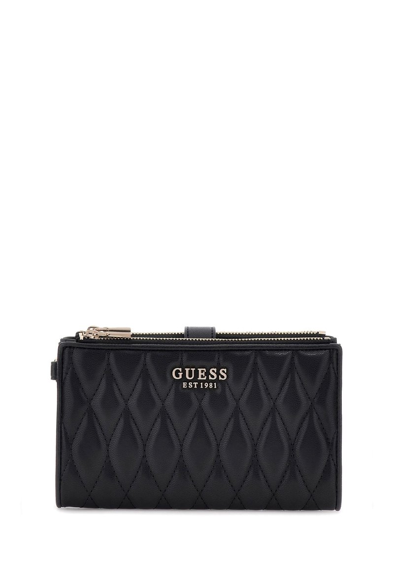 Portafoglio nero trapuntato con hardware in tonalità oro, dettagli del logo, chiusura con zip, forma rettangolare e texture liscia. Realizzato in materiale sintetico.
