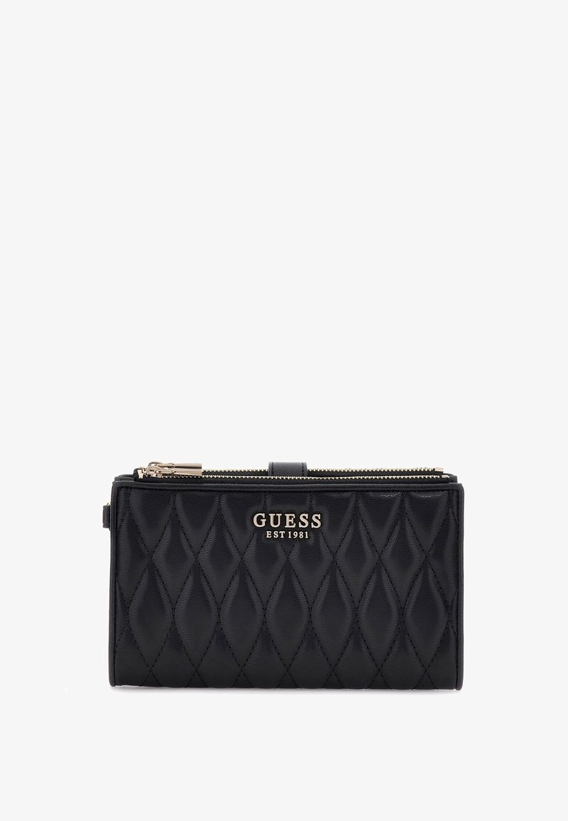Black quilted wallet with gold-tone hardware, logo detailing, zip closure, rectangular shape, and smooth texture. Crafted from synthetic material.