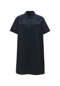 Robe-chemise noire à manches courtes avec col pointu, patte de boutonnage sur le devant et détails légèrement froncés aux épaules.