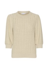 Gaišbeidzīgs adīts džemperis ar apaļu kakla izgriezumu, īsām pūkām un teksturētu rakstu ar austām caurumiem. Ribotas piedurknes un apakšmala.