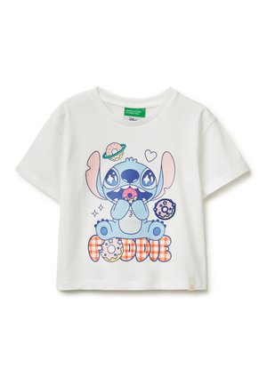 Weißes Kinder-T-Shirt mit einem blau gezeichneten Außerirdischen, der einen Donut isst, umgeben von schwebenden Donuts und dem Wort „FOODIE“ in orangen karierten Buchstaben.