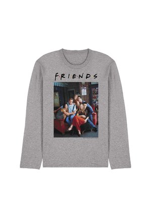 Gray long-sleeve shirt with six people sitting closely on a red couch under "FRIENDS" text with colored dots between letters.