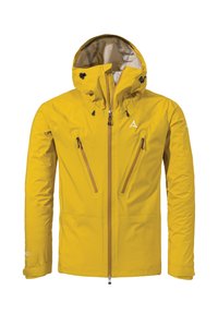 Gelbe wasserdichte Jacke mit einem Frontreißverschluss, zwei seitlichen Reißverschlusstaschen, einer Kapuze und einer strukturierten Oberfläche. Mit einem Logo auf der Brust.