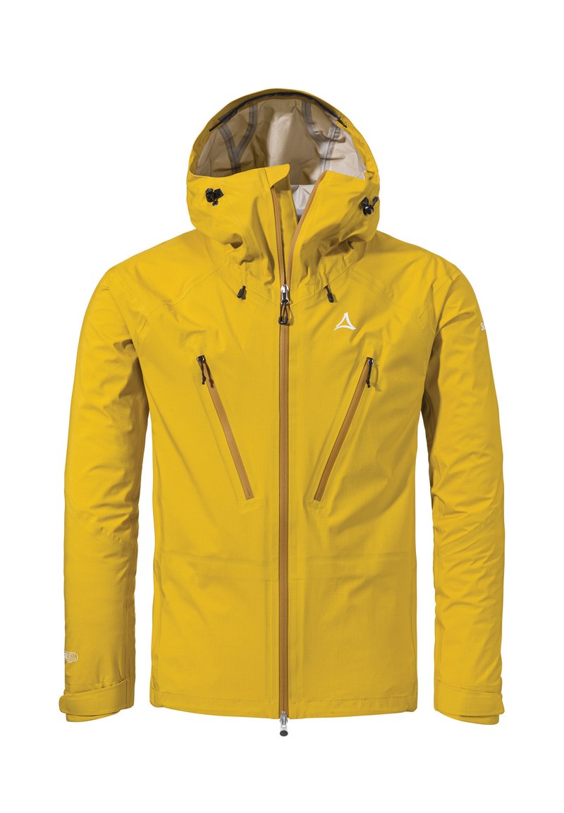 Żółta wodoodporna kurtka z suwakiem z przodu, dwoma kieszeniami bocznymi na suwak, kapturem i strukturalną powierzchnią. Posiada logo na klatce piersiowej.