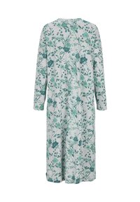 Ljusgrå långärmad klänning med mönster av tealgröna blommor och bladiga vinrankor, midilängd, visad bakifrån mot vit bakgrund.