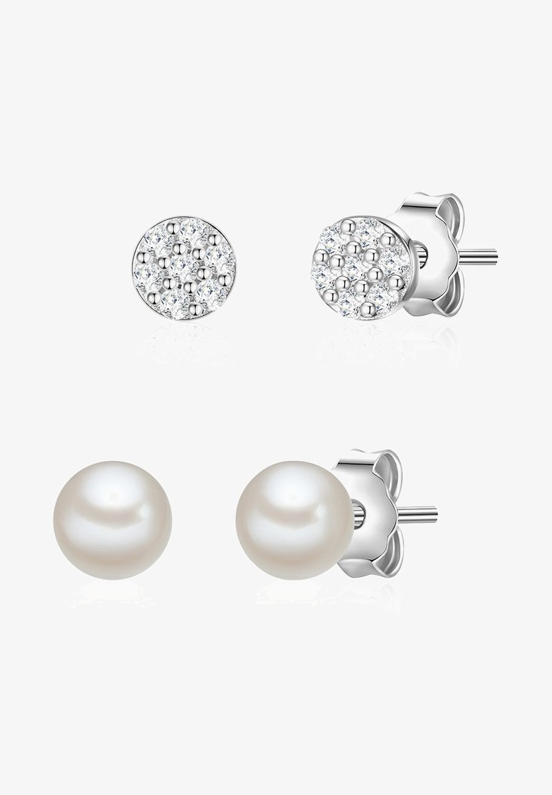 Sidabriniai auskarai, turintys dvi dizaino variacijas: vieni su apvaliu, blizgančiu skaidriu kristalų klasteriu, o kiti su lygia, blizgančia perla.